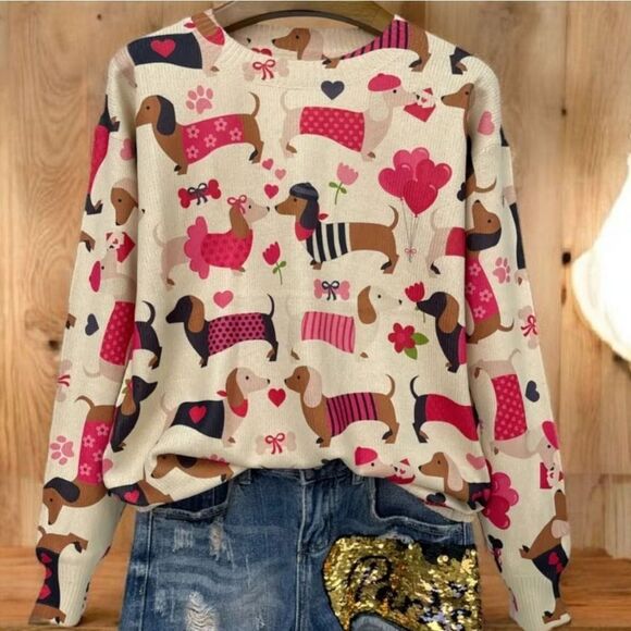 Sweaters - Cream and Pink Dog Print Crew Neck Sweater